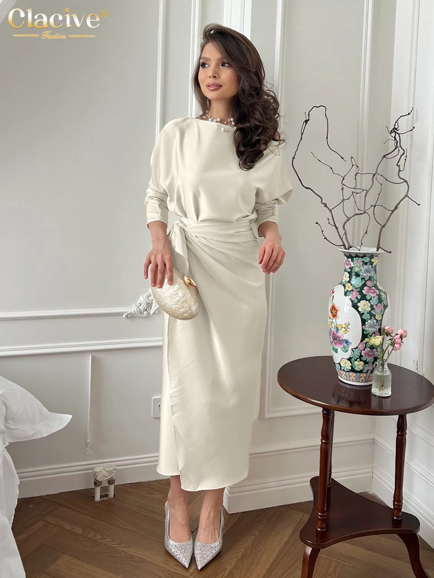 

Clacive Fashion Loose Beige Satin Skirt Sets Woman 2 Pieces 2026 Elegant Long Sleeve Shirt With High Waist Long Skirt Set Female