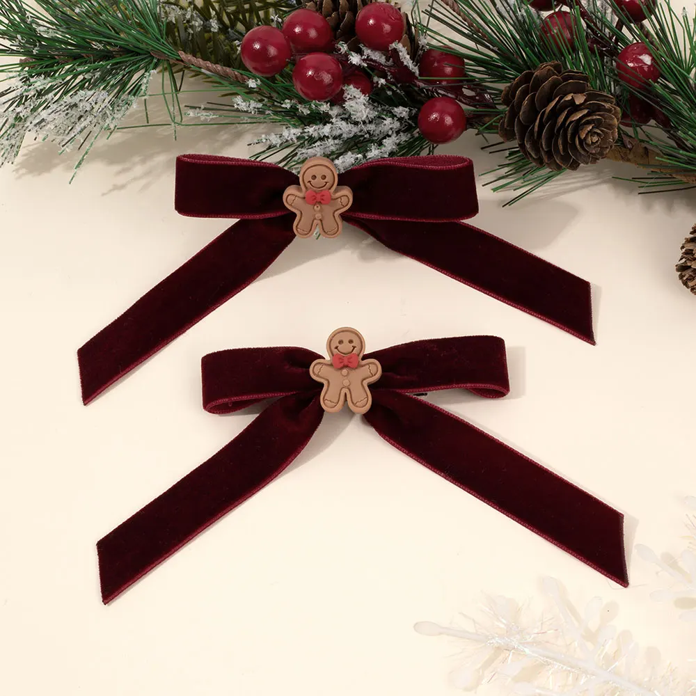 2pcs Vintage Velvet Hair Bow Clip Christmas Gingerbread Hairpin Girls Simple Hairgrips Barrette Women Headwear Hair Accessories