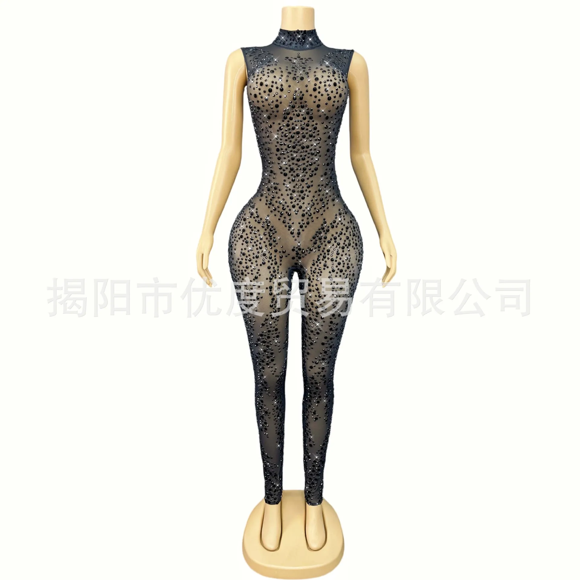 DJ Reception Glam Skinny Shiny Rhinestone Perspective Mesh Birthday Dress Party Night Jumpsuit All Black Robe De Cérémonie Femme