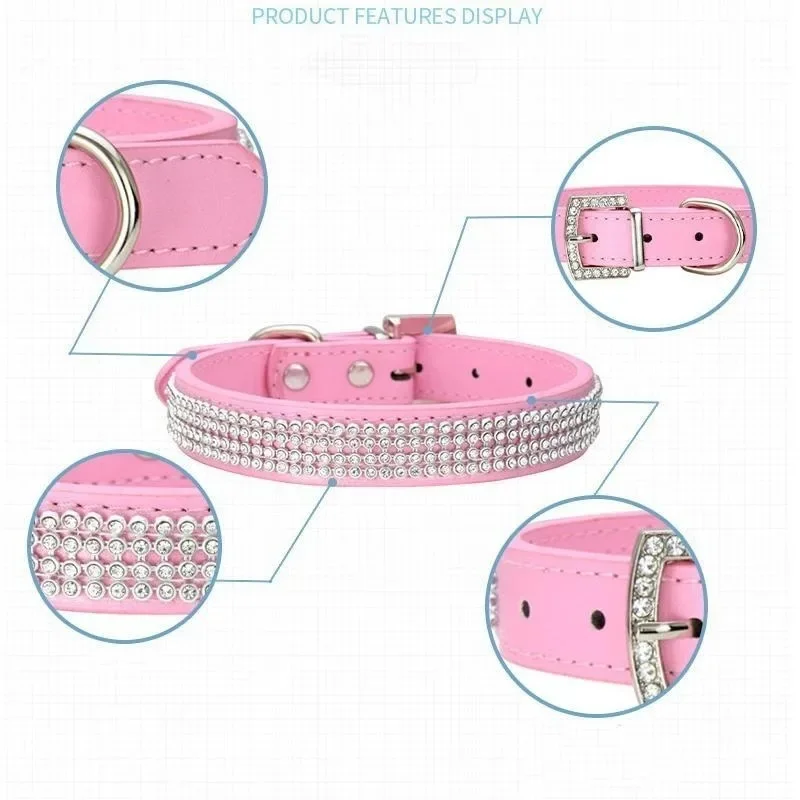 Soft Adjustable PU Leather Puppy Dog Collar Rhinestone Cat Pet Pink Collar Suit Pet Supplies Accessories