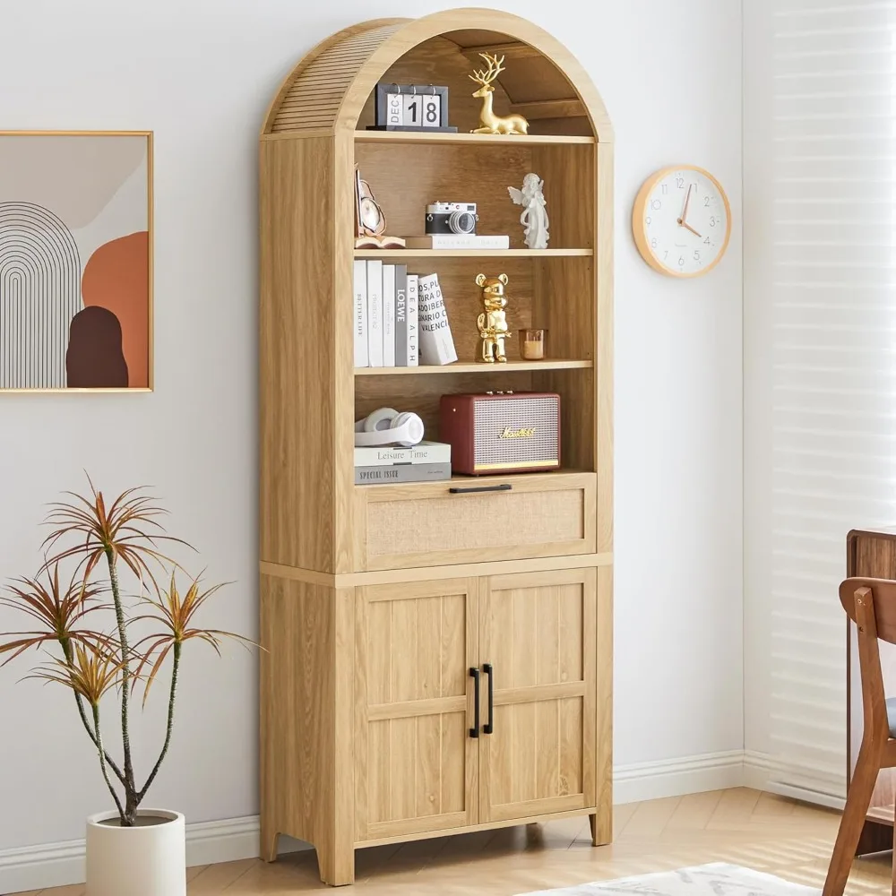Tall Arched Bookcase with Doors and Drawers, Modern Farmhouse Style Adjustable Shelves Bookshelf Storage