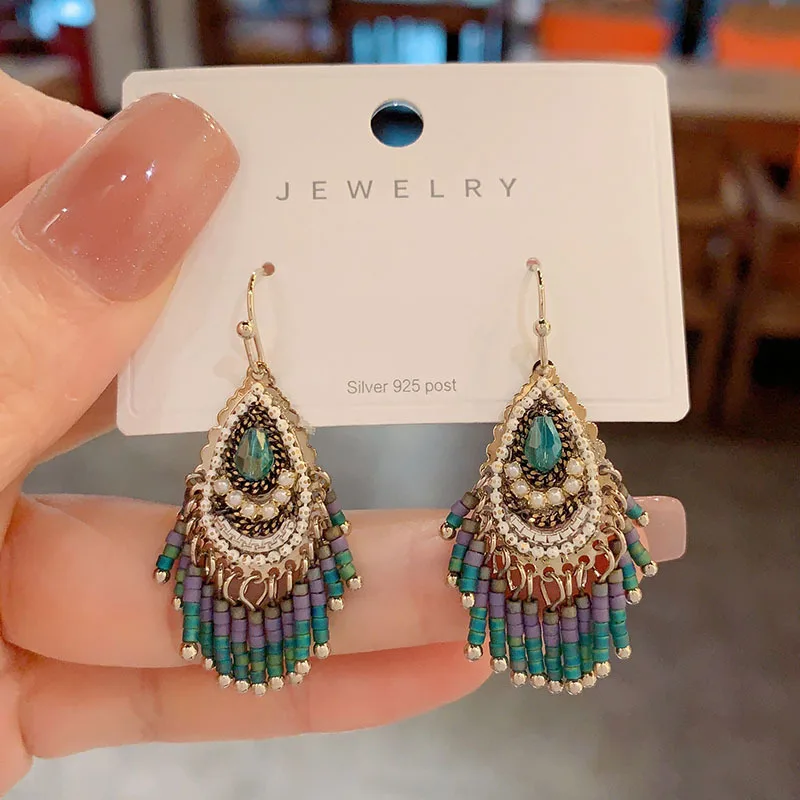

Retro Bohemian Ethnic Style Handmade Crystal Earrings 2023 New Trendy Internet Celebrity Temperament Ear Hook Earrings for Women