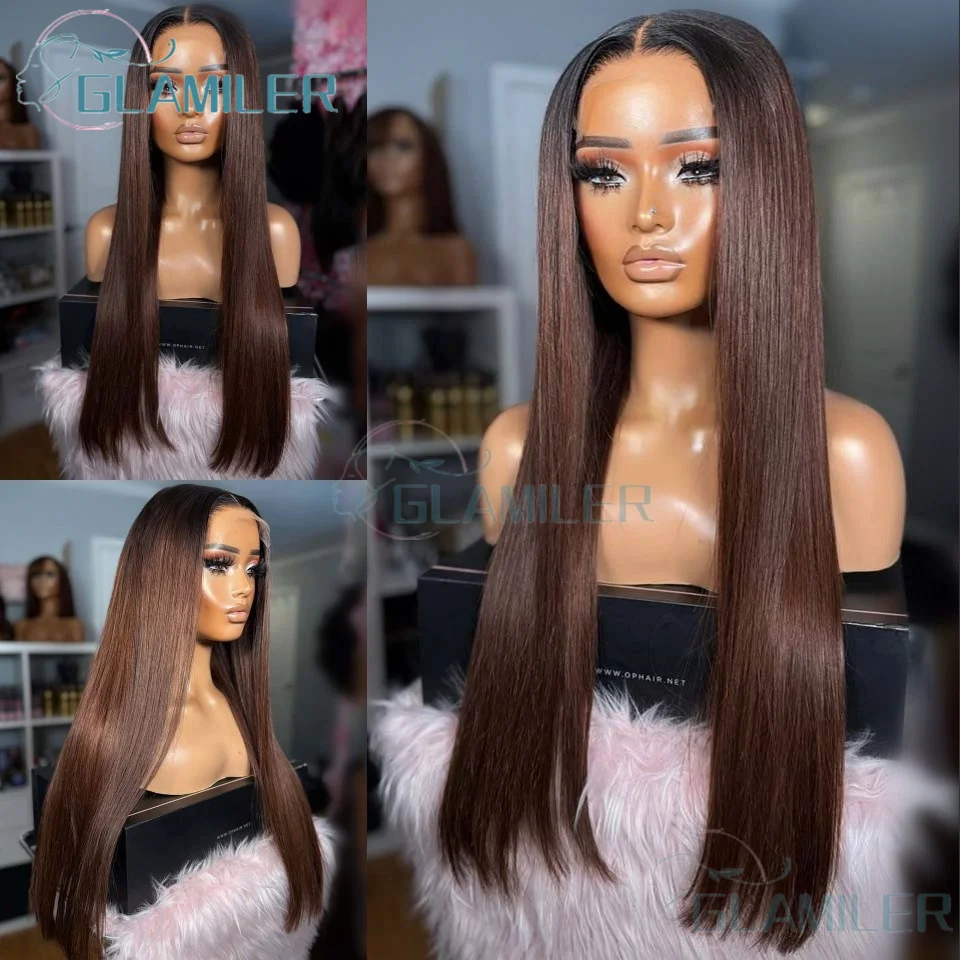 Brazilian Silk Straight Human Hair Silk Top Wigs With Natural Hairline Glueless Ombre Dark Brown #1bT2 13x6/360 Lace Front Wigs