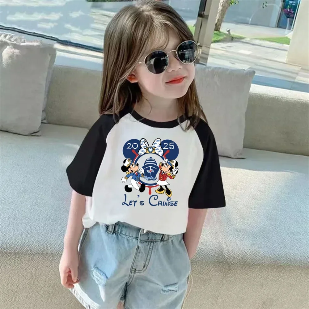 

Детская хлопковая футболка Disneyland для отпуска, мода 2025 года, детские футболки с Микки и Минни, забавная детская одежда, топы для поездки
