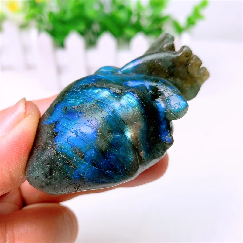 6.5CM Natural Labradorite Heart Carving Crystal Statue Decoration Rough Polished Quartz Moonstone Pendant Healing 1PCS