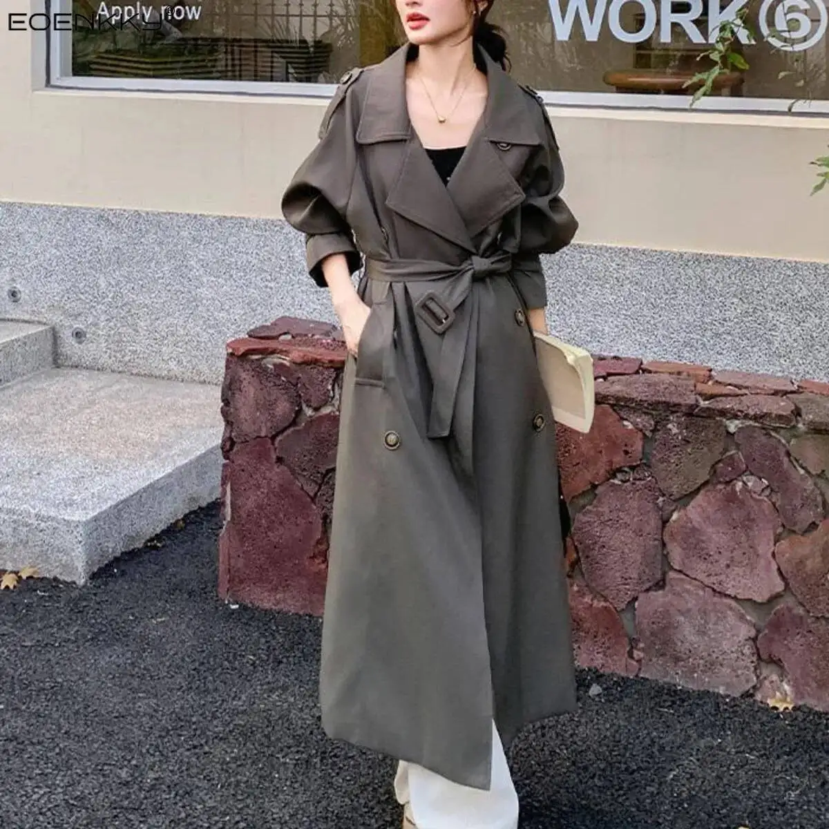 

EOENKKY Solid Color, Belt-waist, V-neck Design Long-sleeved High-quality Women's Spring 2025 Long With Fashionable Front Opening