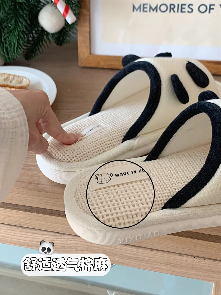 Zapatillas de lino antideslizantes para el hogar, Cute Panda, absorbente del sudor, para las cuatro estaciones