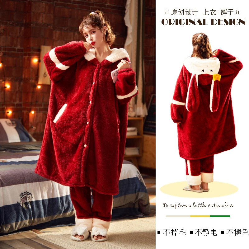 Thicker Women\'s Pajamas Warm Sweet Hooded Nightgown Winter Flannel Kawaii Home Clothes Female Cute Soft Chic Robes 2XL пижама