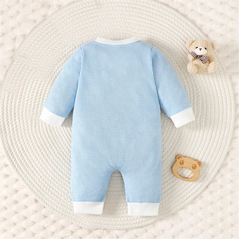 Bear Embroidery Sweater Jumpsuit Baby Girl Boy Romper Button Bodysuit Waffle Knit  Newborn Coming Home Outfit