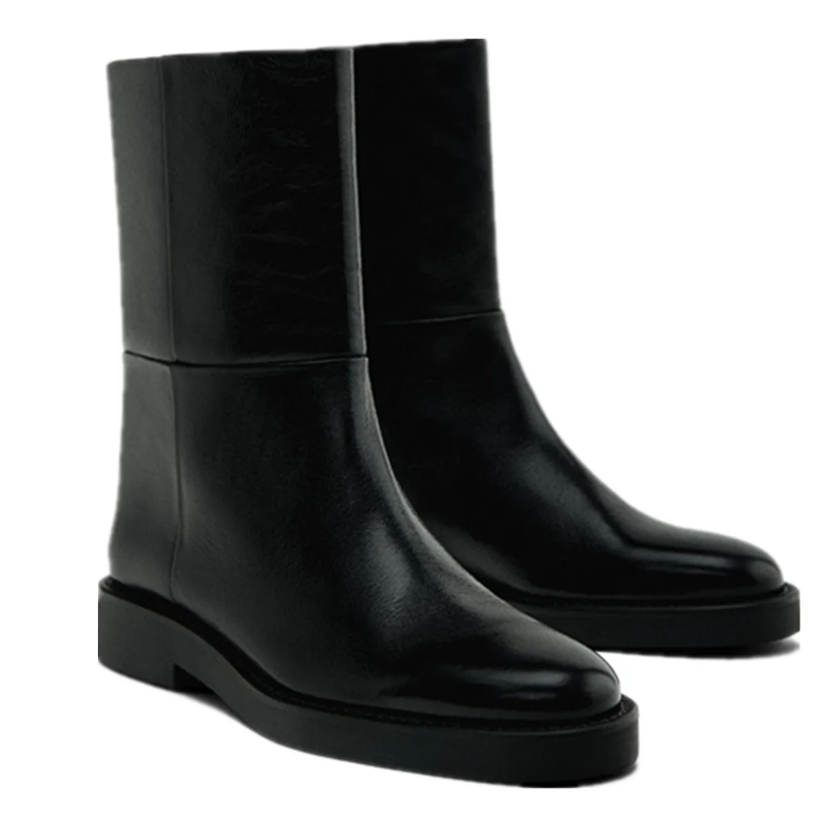 Withered French Fashion Ladies's Leather Slip-On Flat Chimney Boots Minimalist Black Chelsea Boots Women