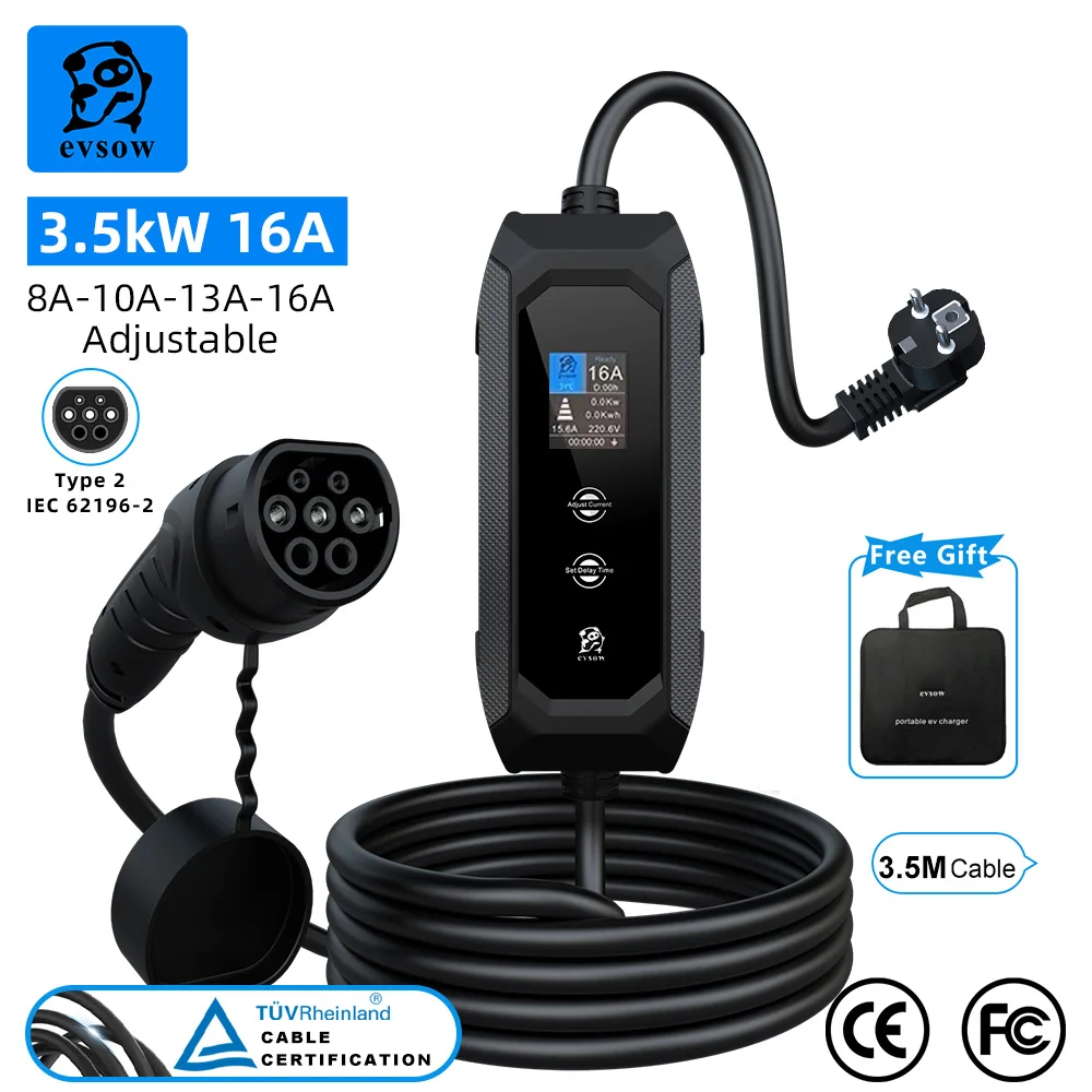 

evsow Portable EV Charger Type2 3.5KW 16A Single Phase Electric Car Charger Adjustable Current&Set Charging Time EVSE Wallbox