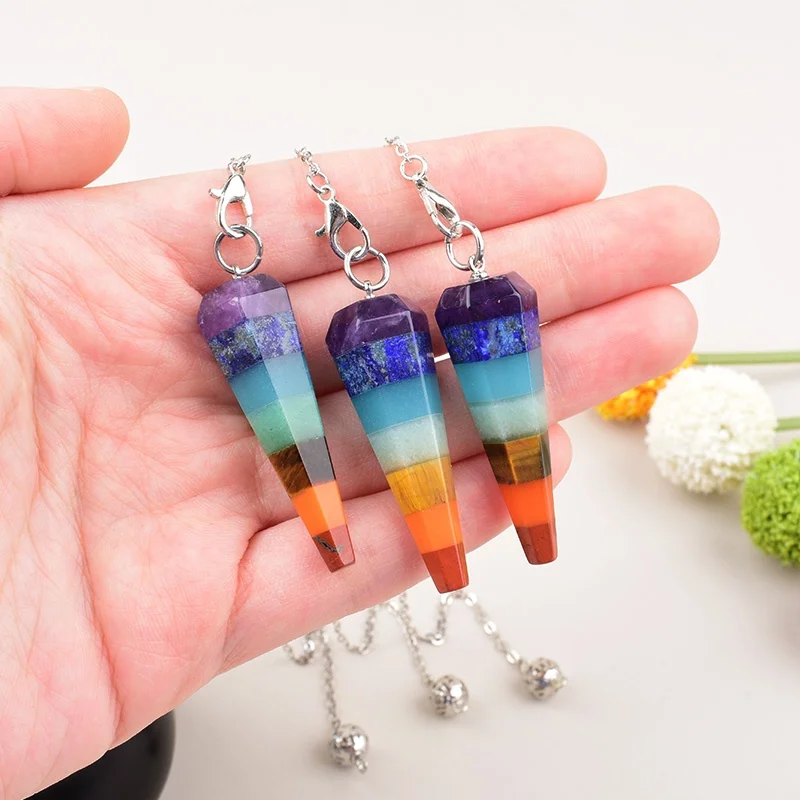 1PC Natural Crystal Reiki Healing Seven Chakraskra Pendulum Souvenir Wicca Dowsing Mineral Jewelry Amulet DIY Gift