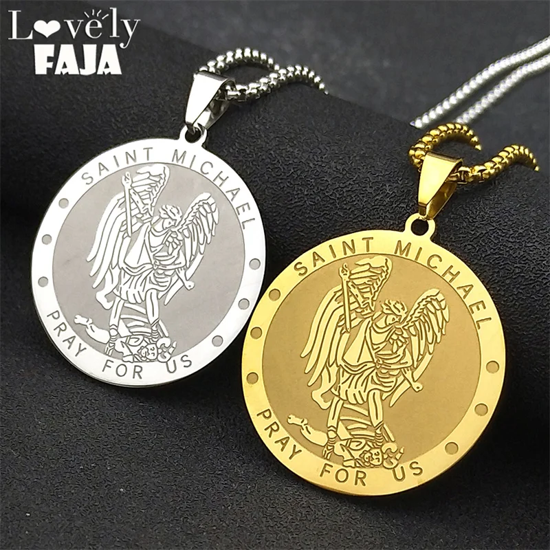 SAINT MICHAEL PRAY FOR US Archangel Stainless Steel Pendant Necklaces Chain Men Women Gold Color Choker Necklace Amulet Jewelry