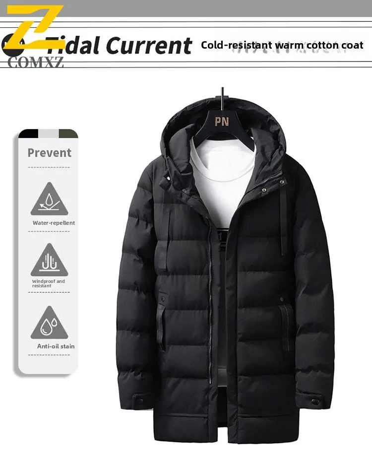 الشتاء الرجال سترة قطن 2025 جديد منتصف إلى طويل يندبروف سميكة الدافئة سترة معطف في الهواء الطلق الرجال عادية سستة مقنعين سترة قطن #2