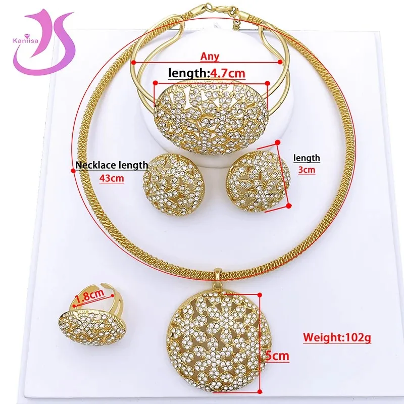 Italian 18K Gold Plated Jewelry Set For Women Classic Design Round Pendant Necklace Earrings Bangle And Ring Wedding Party