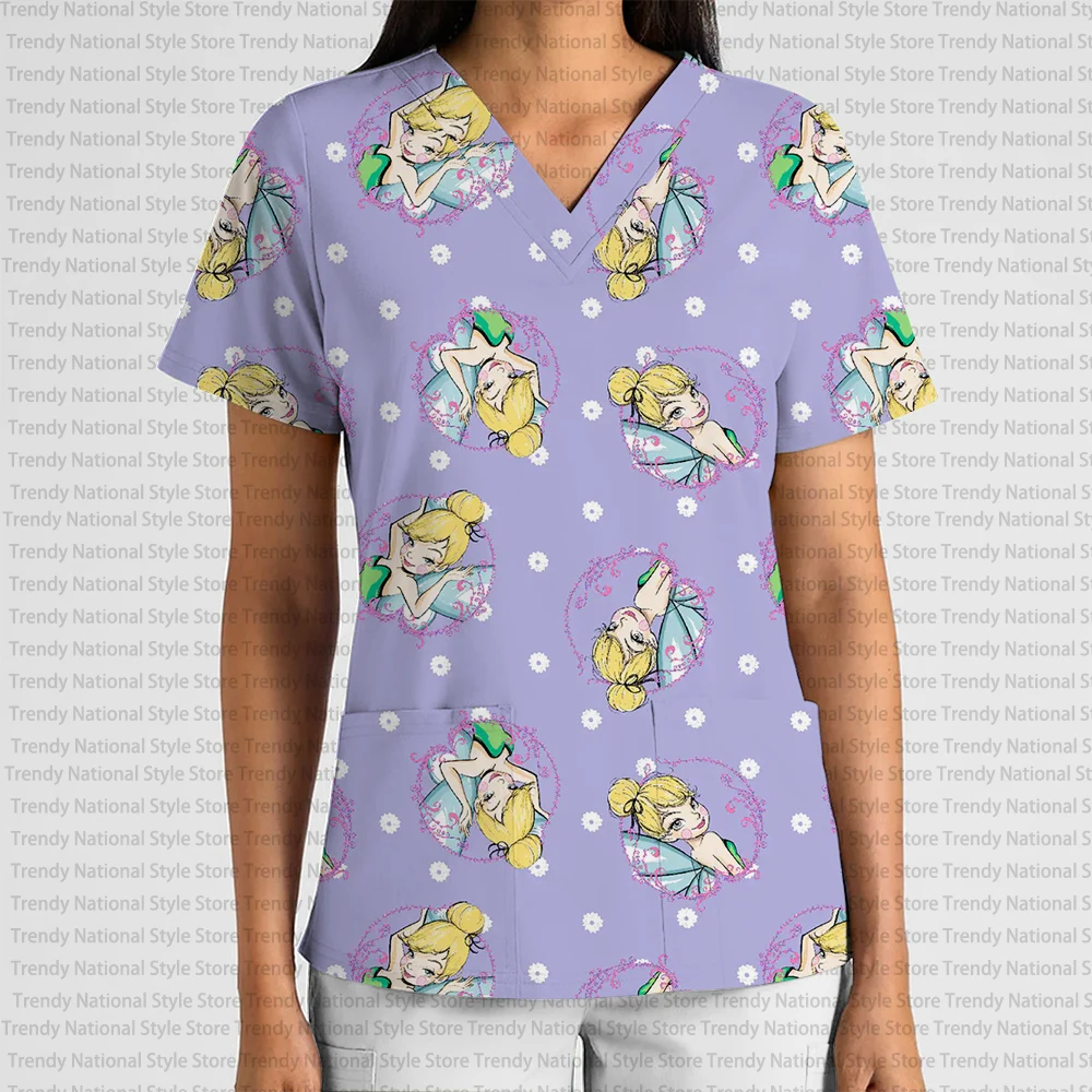 

Новая летняя модная женская униформа медсестры с принтом Диснея «Тинкербелл», матовый топ, для зоомагазина, стоматологической клиники, праздничный подарок