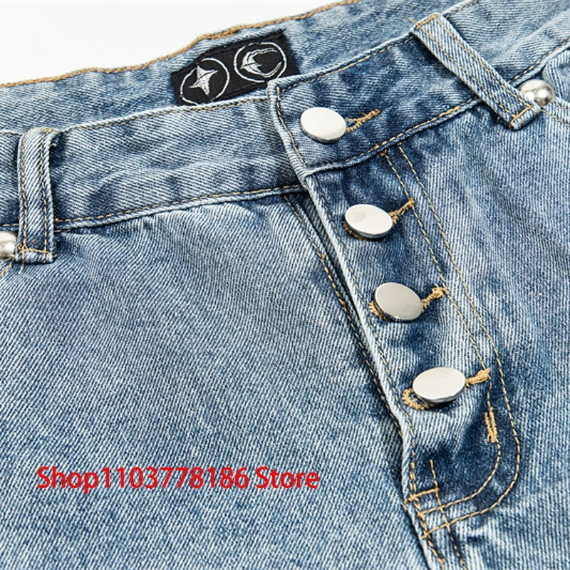 Fall Winter Fashion New THUG CLUB Jeans Korean Fashion Star Moon Splice Leather Loose Casual Trousers Men Thug Club Denim Pants