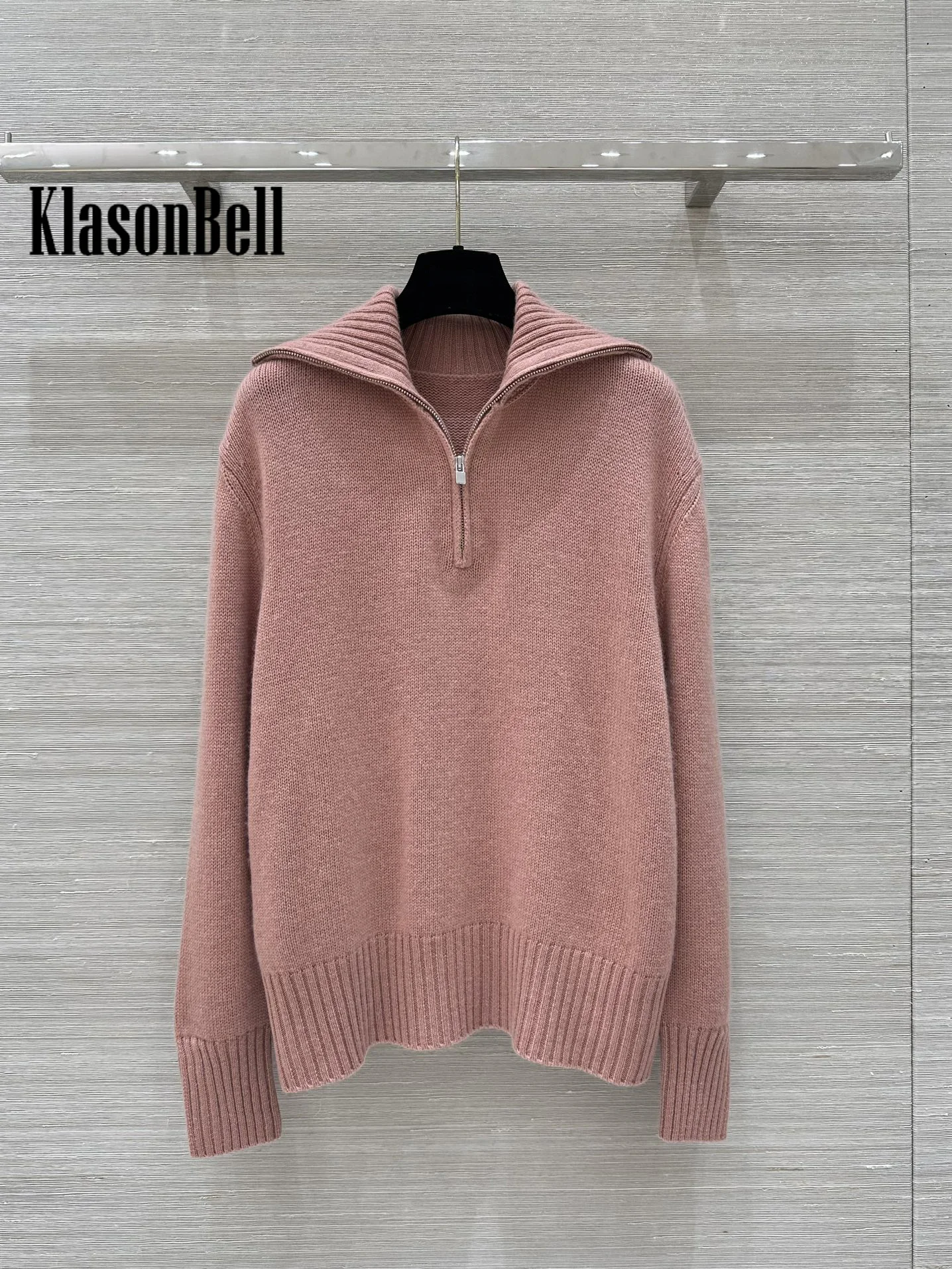 9.26 KlasonBell-Women Autumn Winter New Half Zipper Lapel Cashmere Keep Warm Knitwear Cuff Split Design All-match Sweater