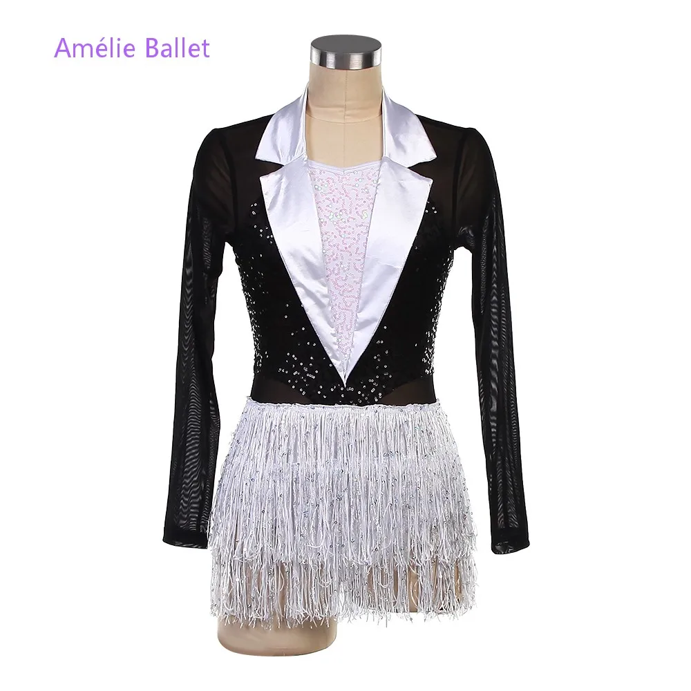 

26119 Костюмы для балета, джаза и касания для женщин и девочек, танцевальная одежда с длинными рукавами, черно-белая, спандекс с блестками, танцевальная одежда для выступлений на сцене