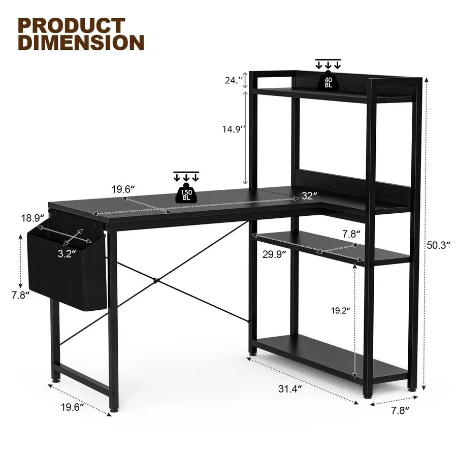 40 Inch L Shaped Computer Desk with Reversible Storage Shelves, Home Office Corner Desk Study Writing Table with Hutch, Study, B
