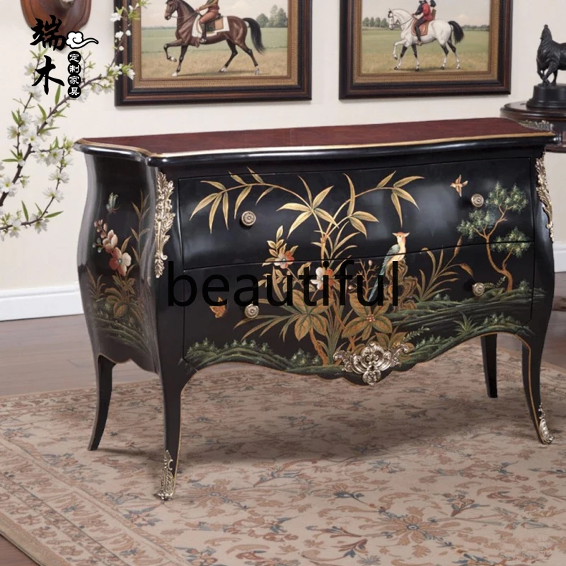French retro entrance cabinet, European black flower and bird painted double bucket storage decorative cabinet