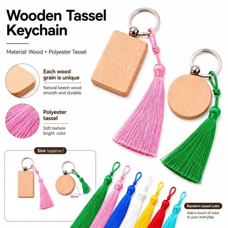 5~20 Stück Naturholz-Schlüsselanhänger-Rohlinge, DIY Handgemachtes Geschenk, Anhänger-Schlüsselanhänger für Holzschnitzereien, mit Quaste – Detail 6