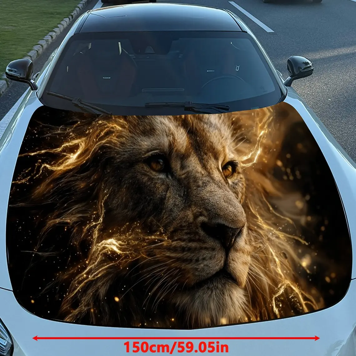 Golden Flame Lion King Car Vinyl Wrap, PVC Material Waterproof Car Hood Sticker, Self-Adhesive Scratch-Resistant Stickers for En