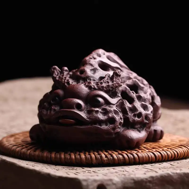 Yixing Purple Clay Pet Ornament, Taihu Stone Fortune-Bringing Golden Toad, Crafted By Renowned Artist Chen Hongjun, Purely