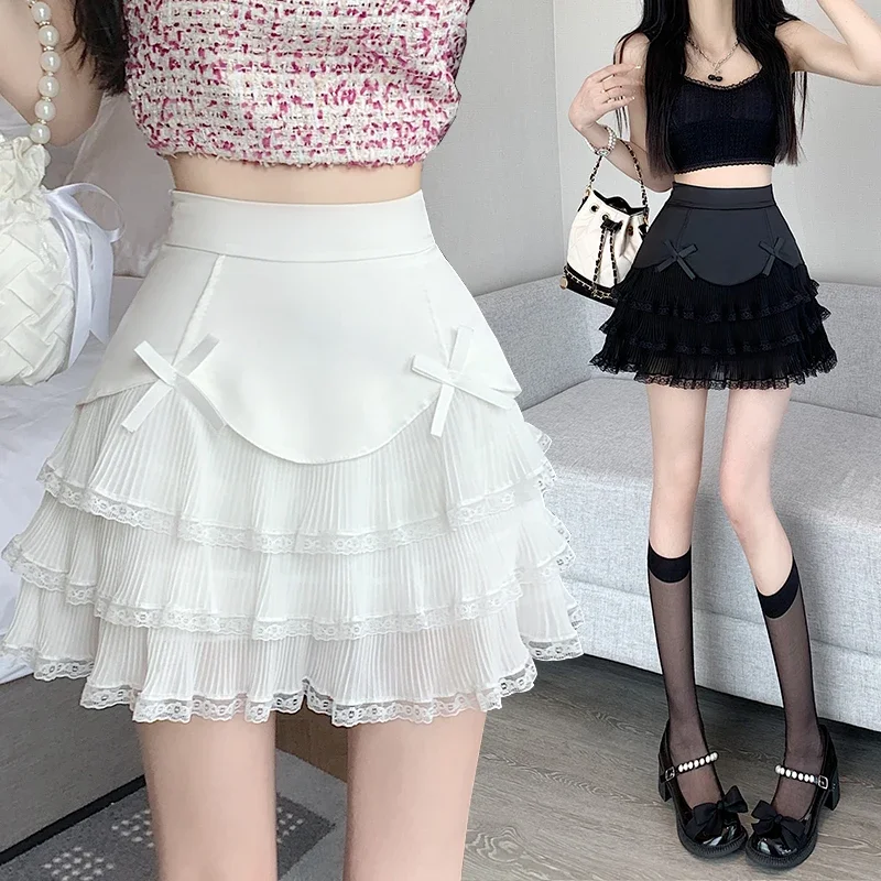 Sexy Puffy Skirt 2024 Summer New High Waist Sweet Lace Pleated Casual Fashion A- Line Skirt