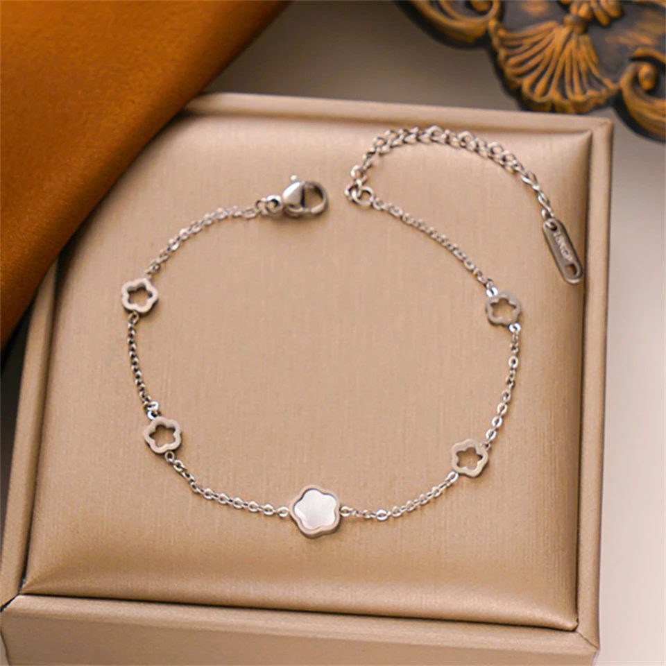 UILZ Simple 304L Stainless Steel Flower Bracelet For Women Golden Plum Blossom Temperament Bracelet Daily Workday Jewelry Gift image 4