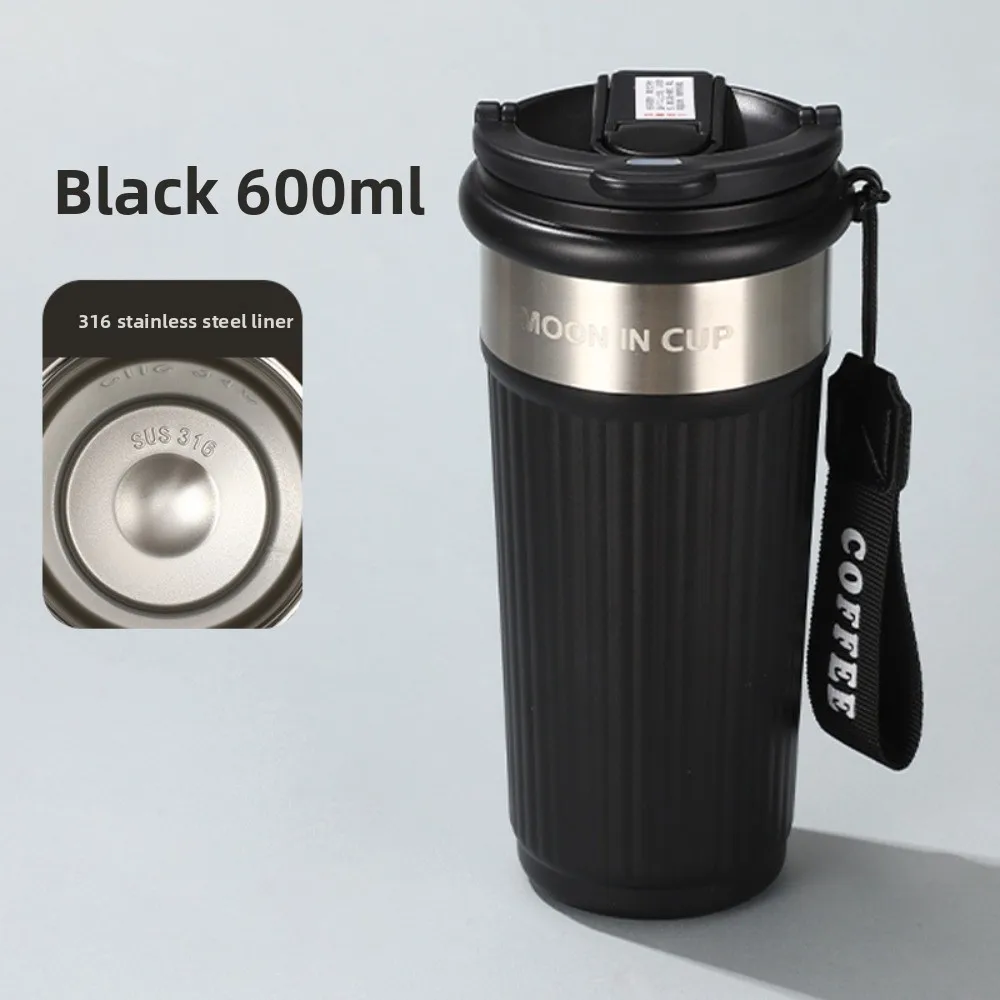 

New 600ml Insulated Coffee Cup Solid Color Hot and Cold Thermal Car Cup Stainless Steel with Lanyard Water Bottle Travel