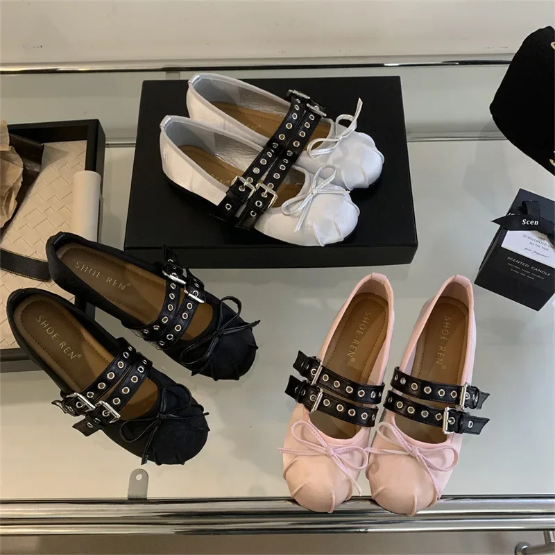 Zapatos de noche elegantes y versátiles para mujer, zapatos recién llegados, bailarinas con cabeza de lazo de fondo plano, zapatos individuales de diseñador, color rosa, 2025