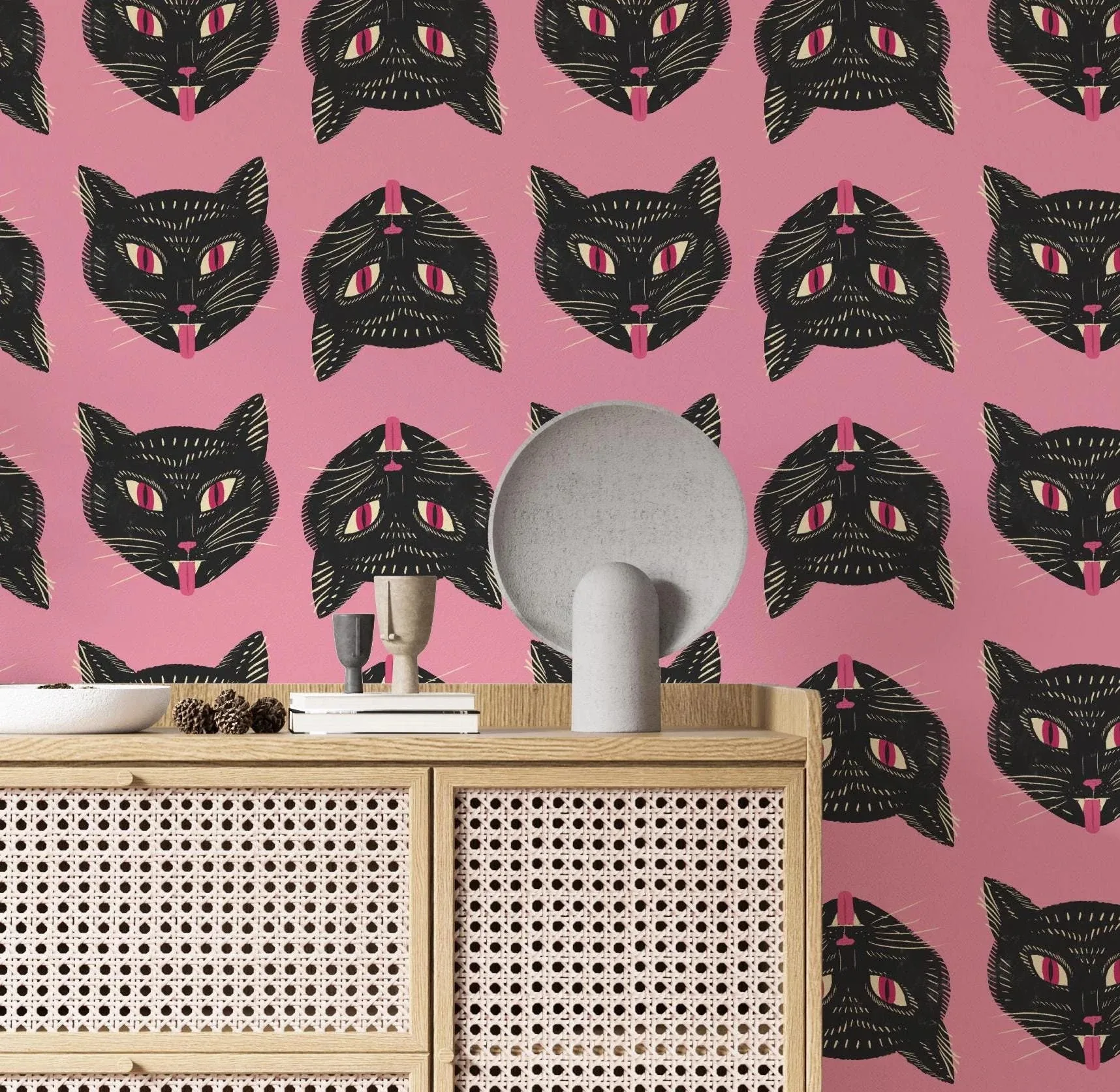 Black Cat Peel and Stick Wallpaper,Tattoo Style Funky Cat Wall Paper For Home & Office Decorations,Self-adhesive Or Traditional