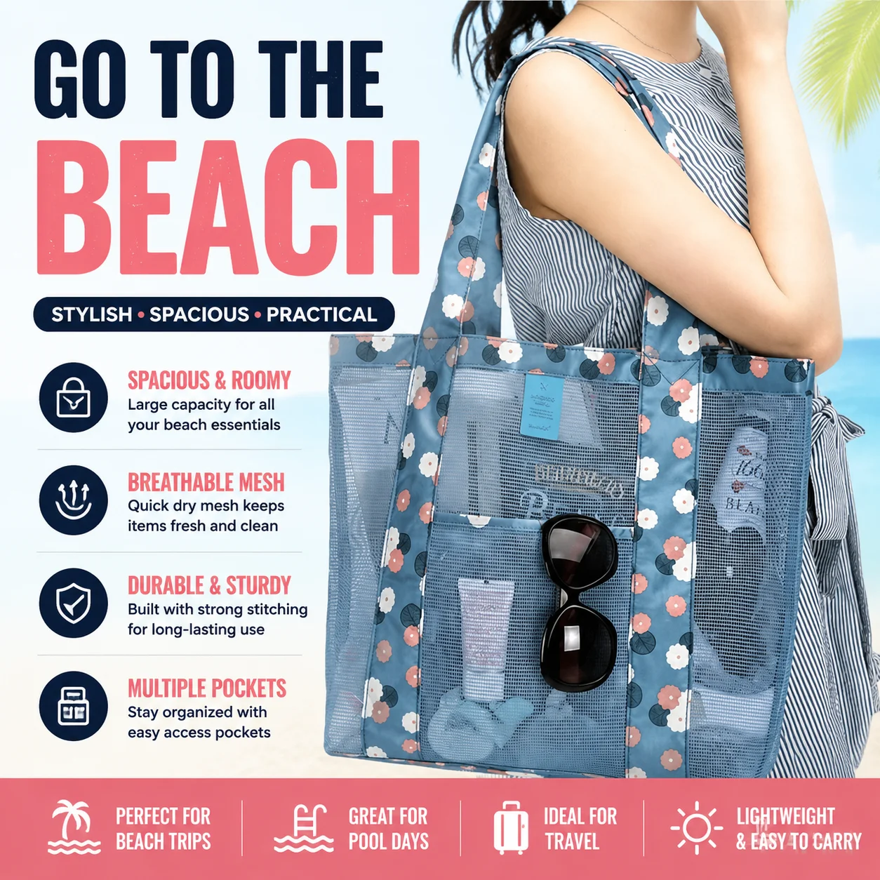 

Outdoor travel storage bag, beach mesh bag, single shoulder large capacity beach bag, clothing storage bag