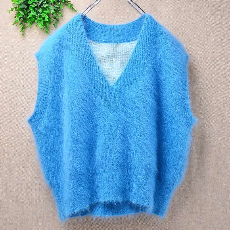 01 Ladies Women Autumn Winter Fashion Hairy Mink Cashmere Knitted Sleeveless Loose Pullover Angora Fur Sweater Vest Jumper Pull