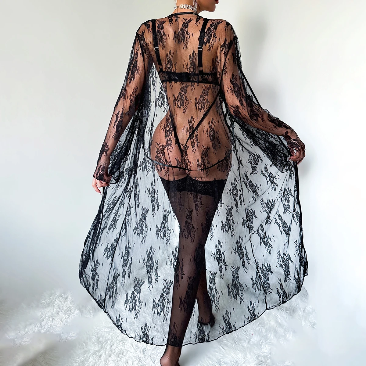 2026 Queen's Temperament Full of Lace Flower Splicing Mesh Strap Shaping Jumpsuit with Lazy See through Outer Robe view 6