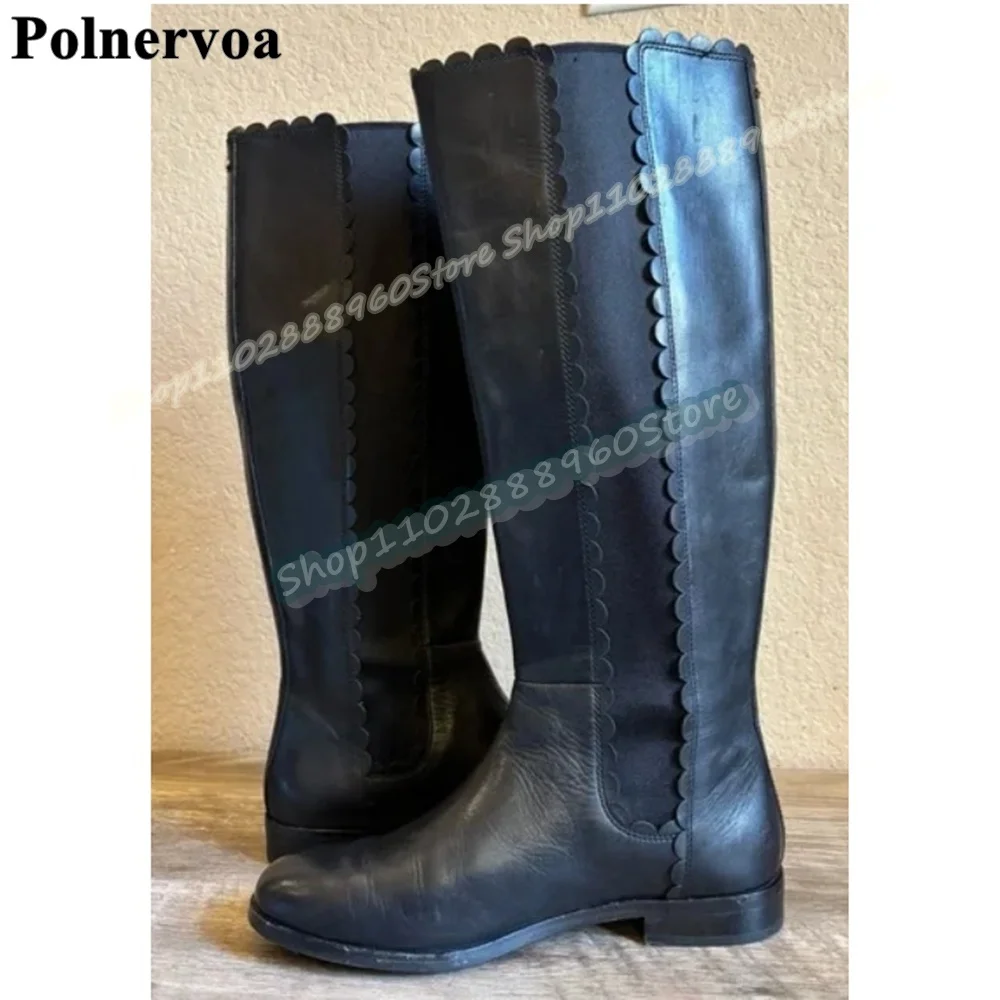 

Knee High Black Leather Splicing Rippled Edge Boots Flats Shoes For Women Slip On Round Toe Casual Occidental Zapatos Para Mujer