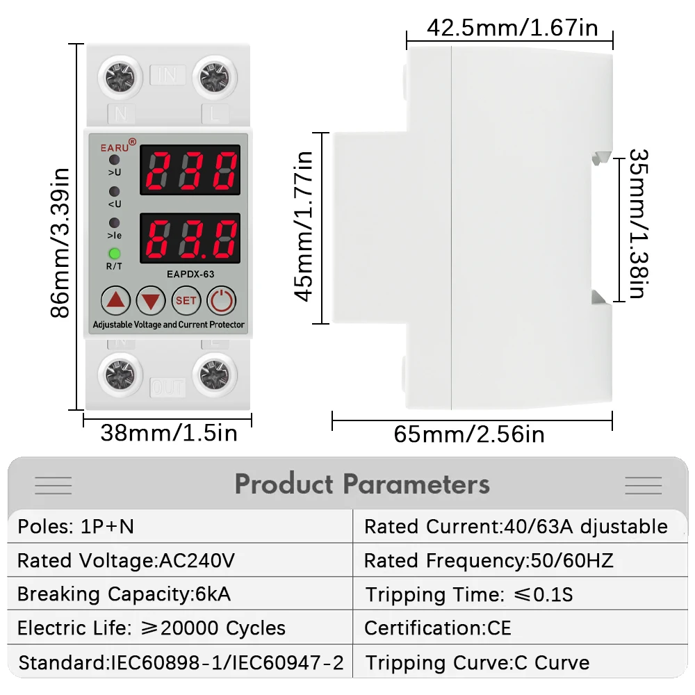 40A 63A AC 230V Din Rail Adjustable Over Voltage Under Voltage Protective Device Protector Relay Over Current Protection kWh RGB