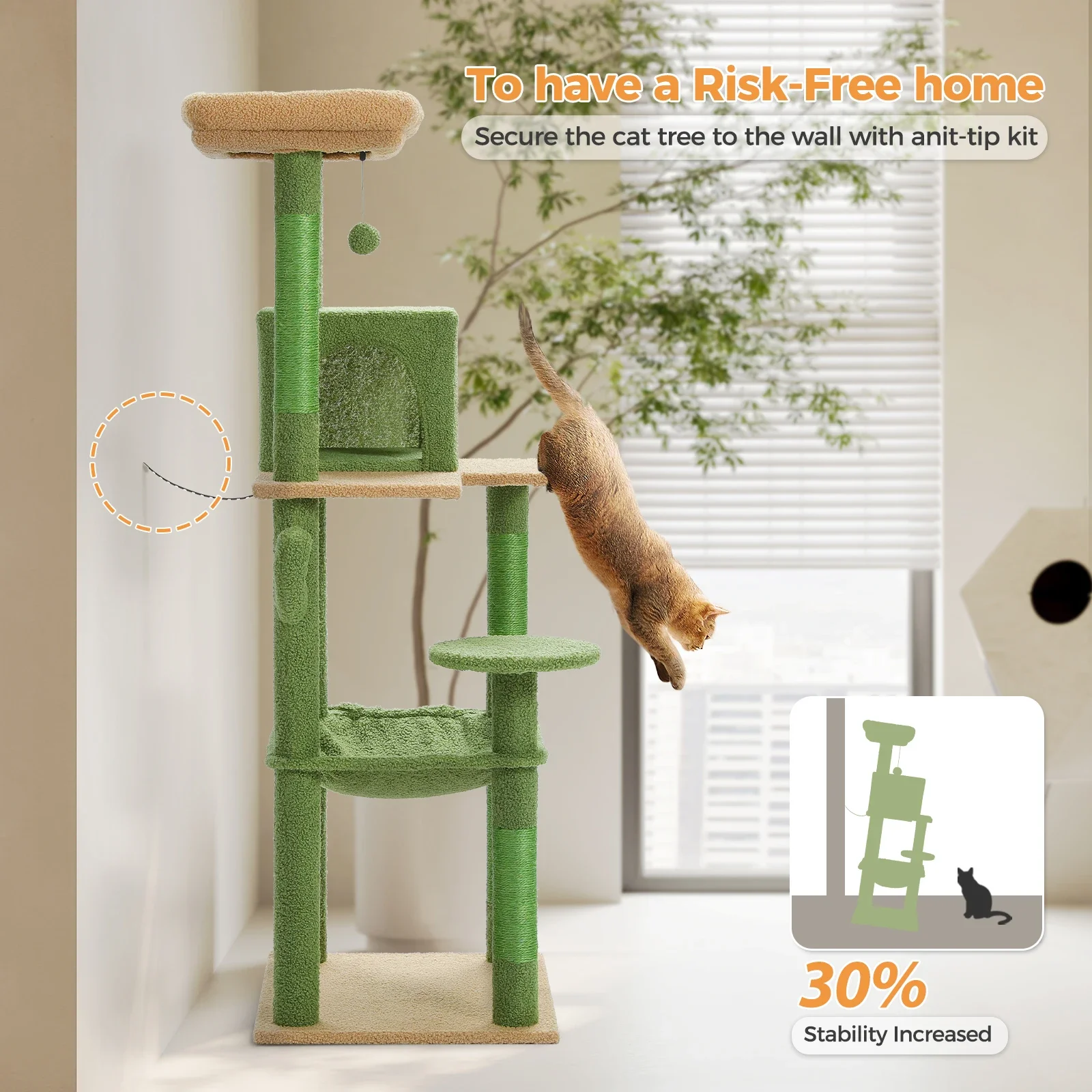 

Cactus Cat Tree with Scratching Posts Big Hammock for Indoor Cats with 2 Condo House, 6-Tier Cat Shelves with Large Top Perch