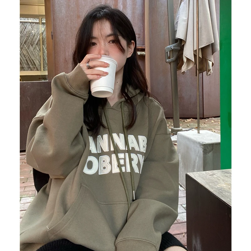 Women Green Hooded Sweatshirt Letter Print Drawstring Design Fashion Hip Hop Vintage Leisure Thicken Winter New Pullover Tops