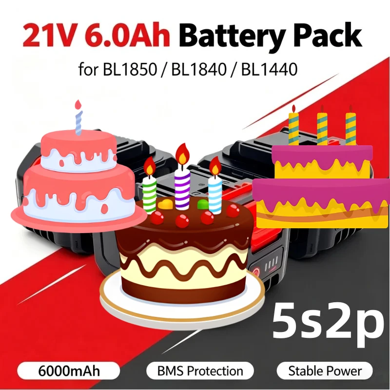 Brand New Fast Charge 21V 6.0Ah Lithium‑Ion Battery For Electric Drill Replacement BL1850 BL1840 BL1440 196391‑6