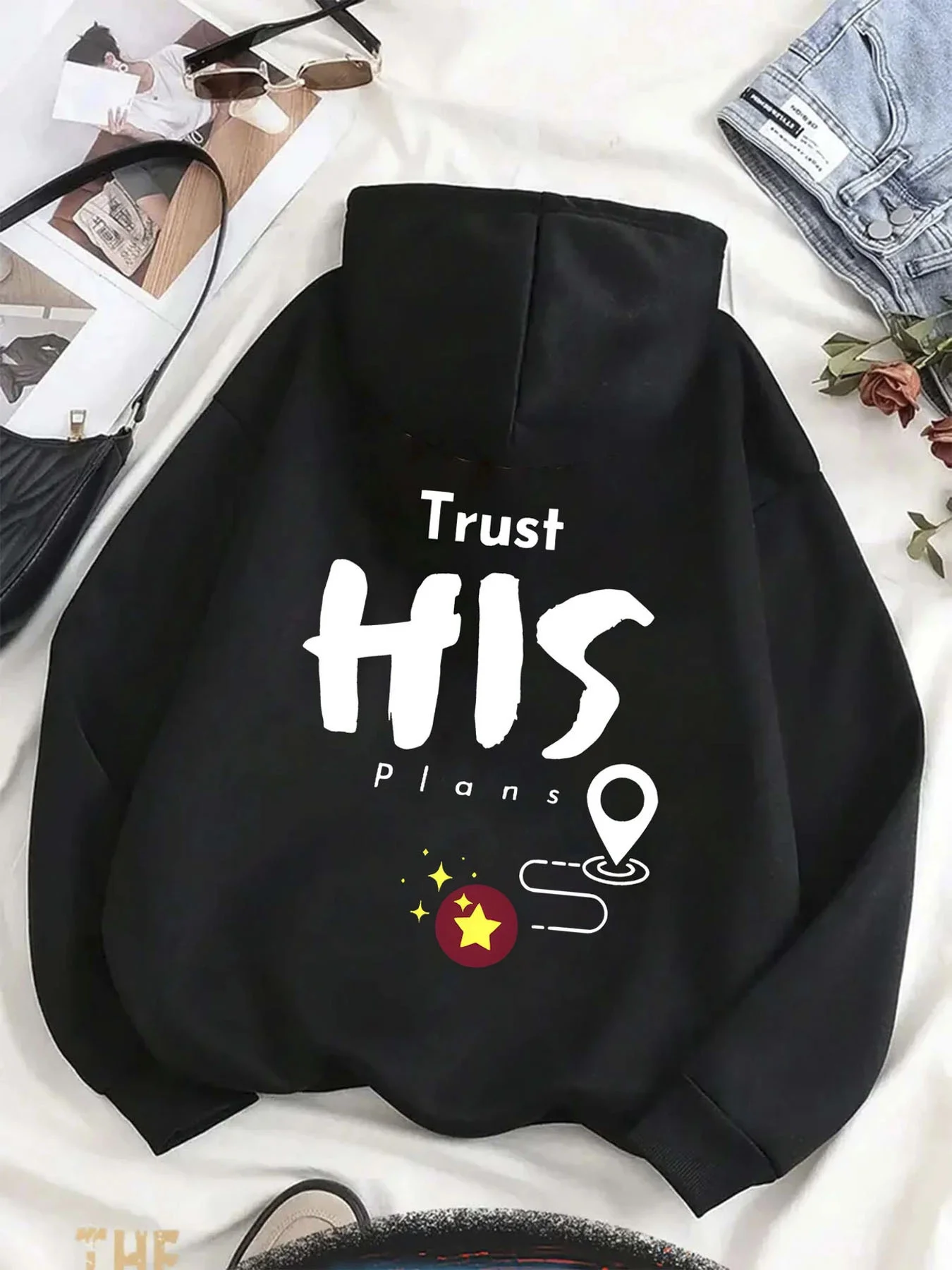 بلوفر رجالي كبير الحجم مطبوع عليه حروف Trust His Plans، سويت شيرت كاجوال ملابس الشارع، أنماط مطبوعة خلفية، هوديس للرجال