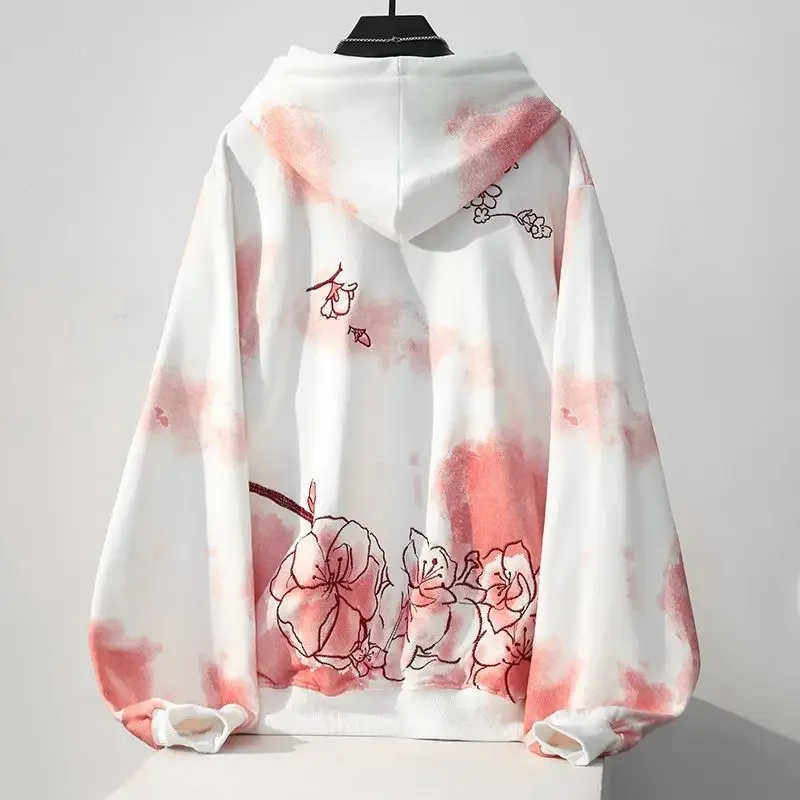 Hikigawa Chic Fashion Women Gradient Sakura Floral Embroidery Hoodies Pullover Japanese Streetwear Casual Hooded Coat Top Mujer