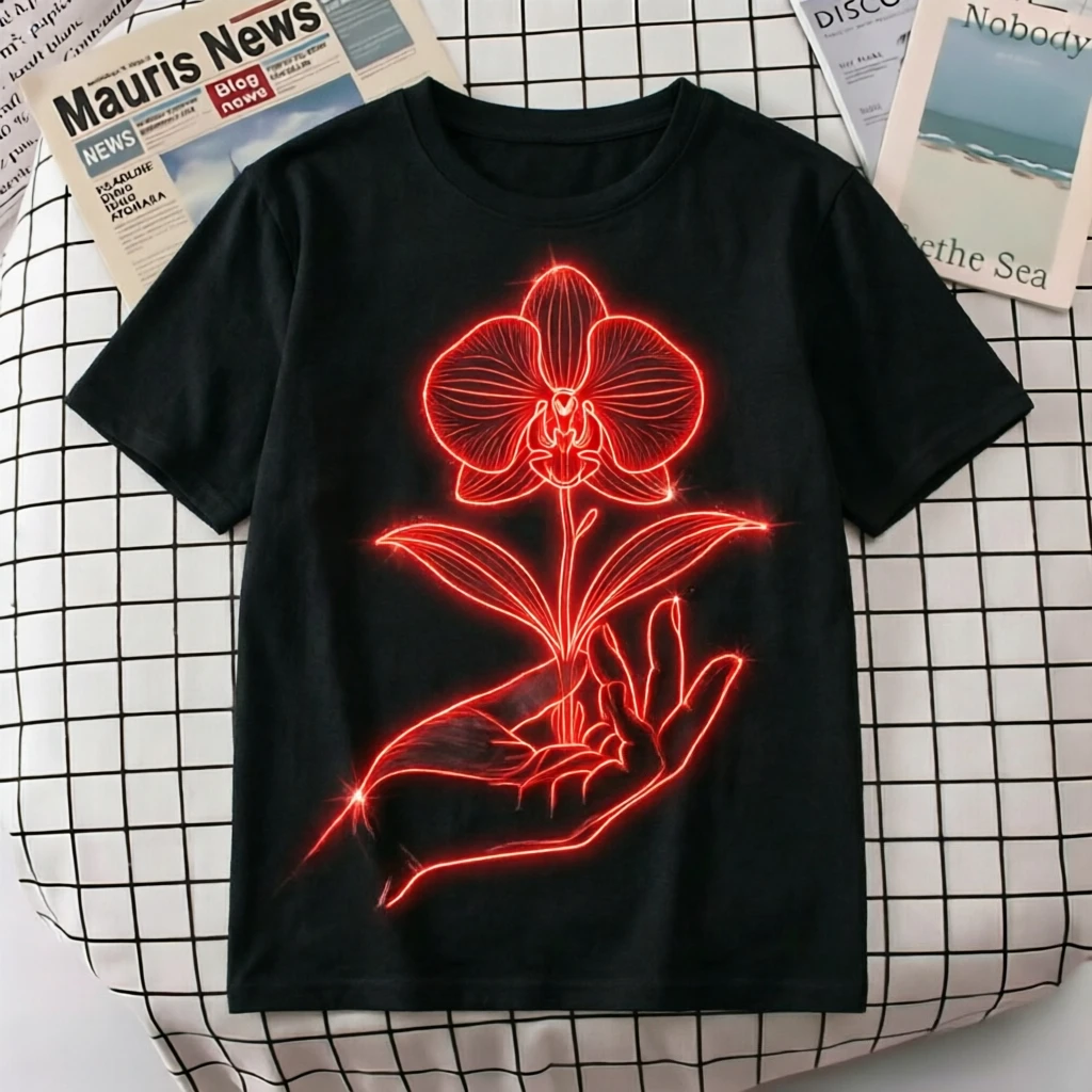 Retro Neon Style Orchid & Hand Print T-Shirt 100% Cotton Unisex Short Sleeve Tee