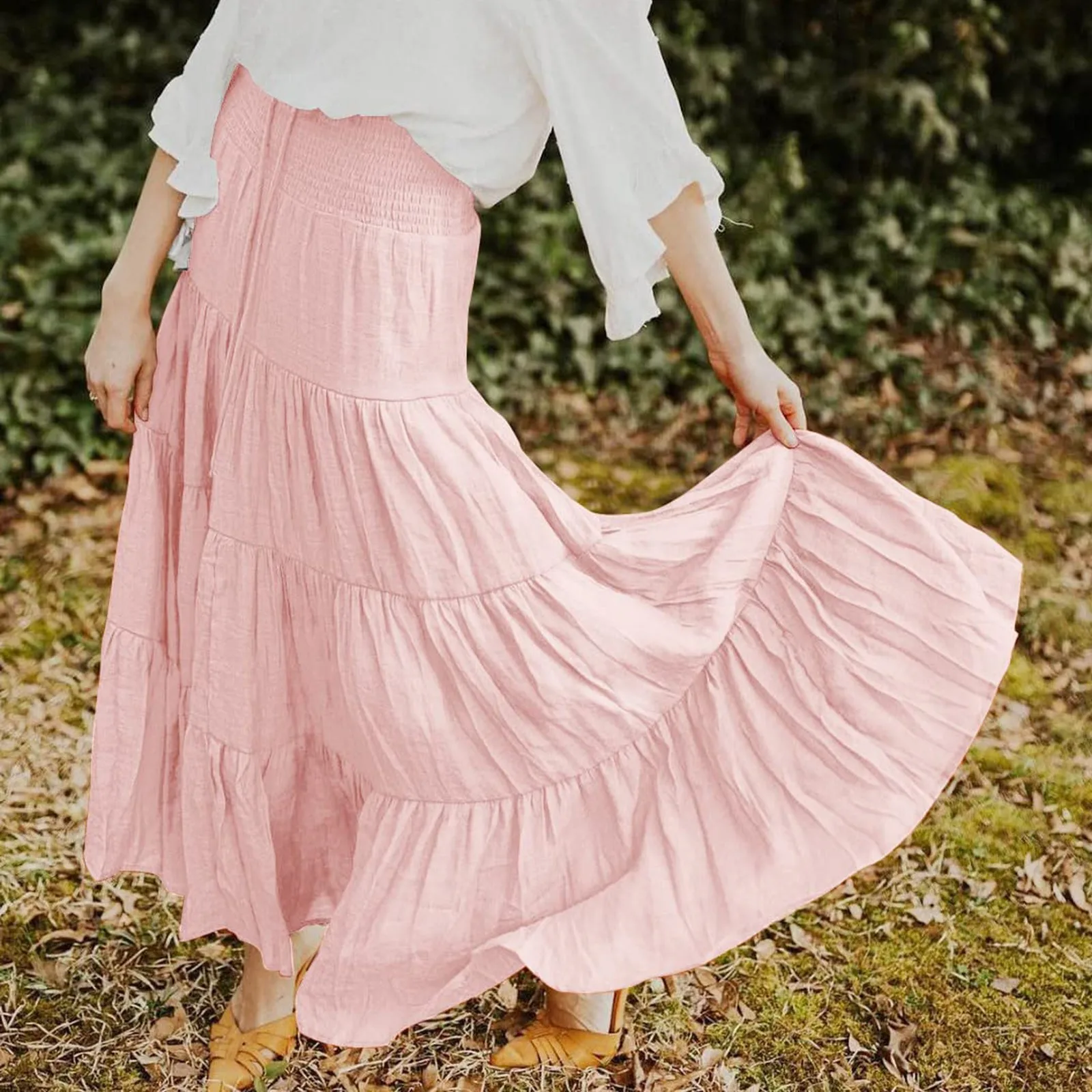 Jupe trapèze longue plissée à plusieurs niveaux avec poches pour femmes, jupe trapèze fluide, taille élastique, Boho, été, plage, coréen, 2024