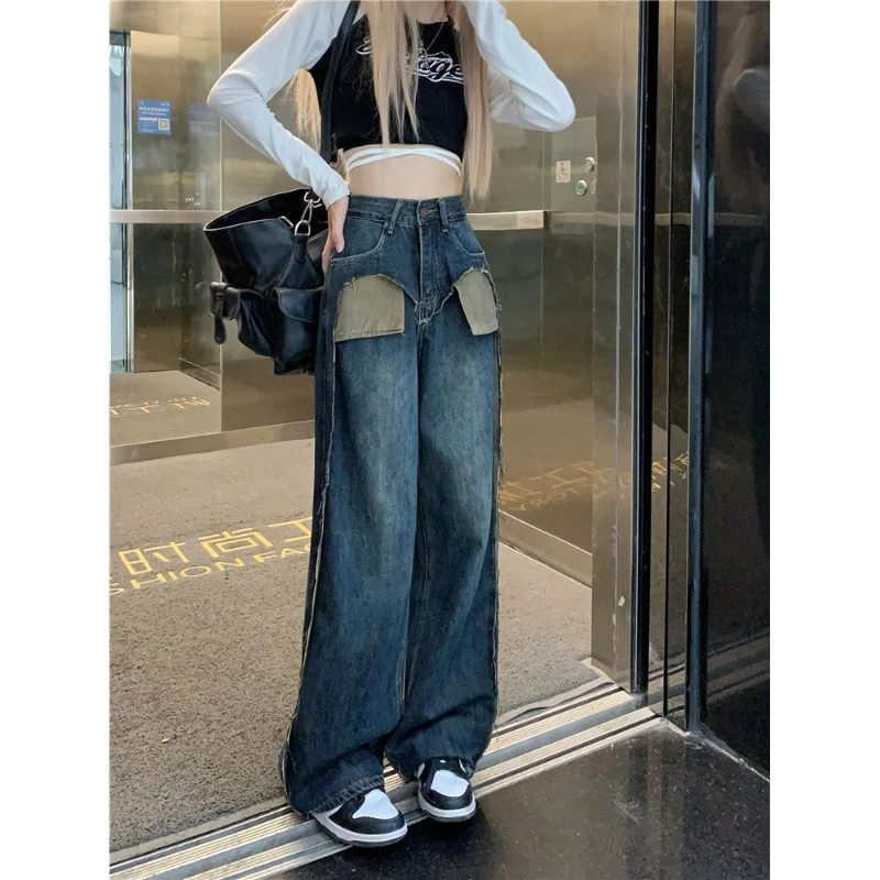 American Vintage High Street Hip Hop Jeans Autumn Women Zipper Pocket Flanging Elastic High Waist Casual Loose Wide Leg Trousers