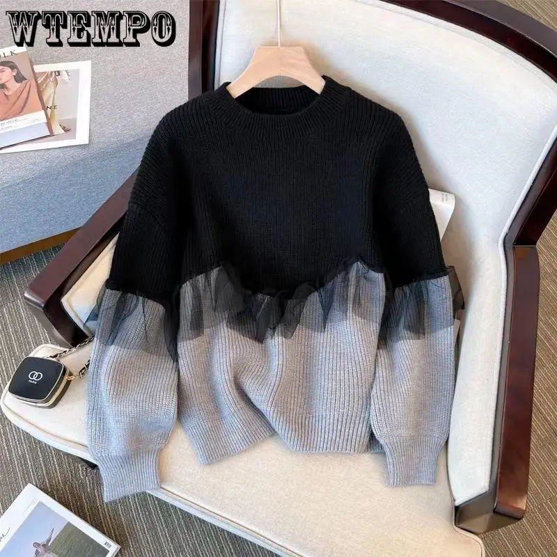 Women's Mesh Splice Sweater Autumn Winter New Knitted Pullover Ladies O-neck Loose Sweaters