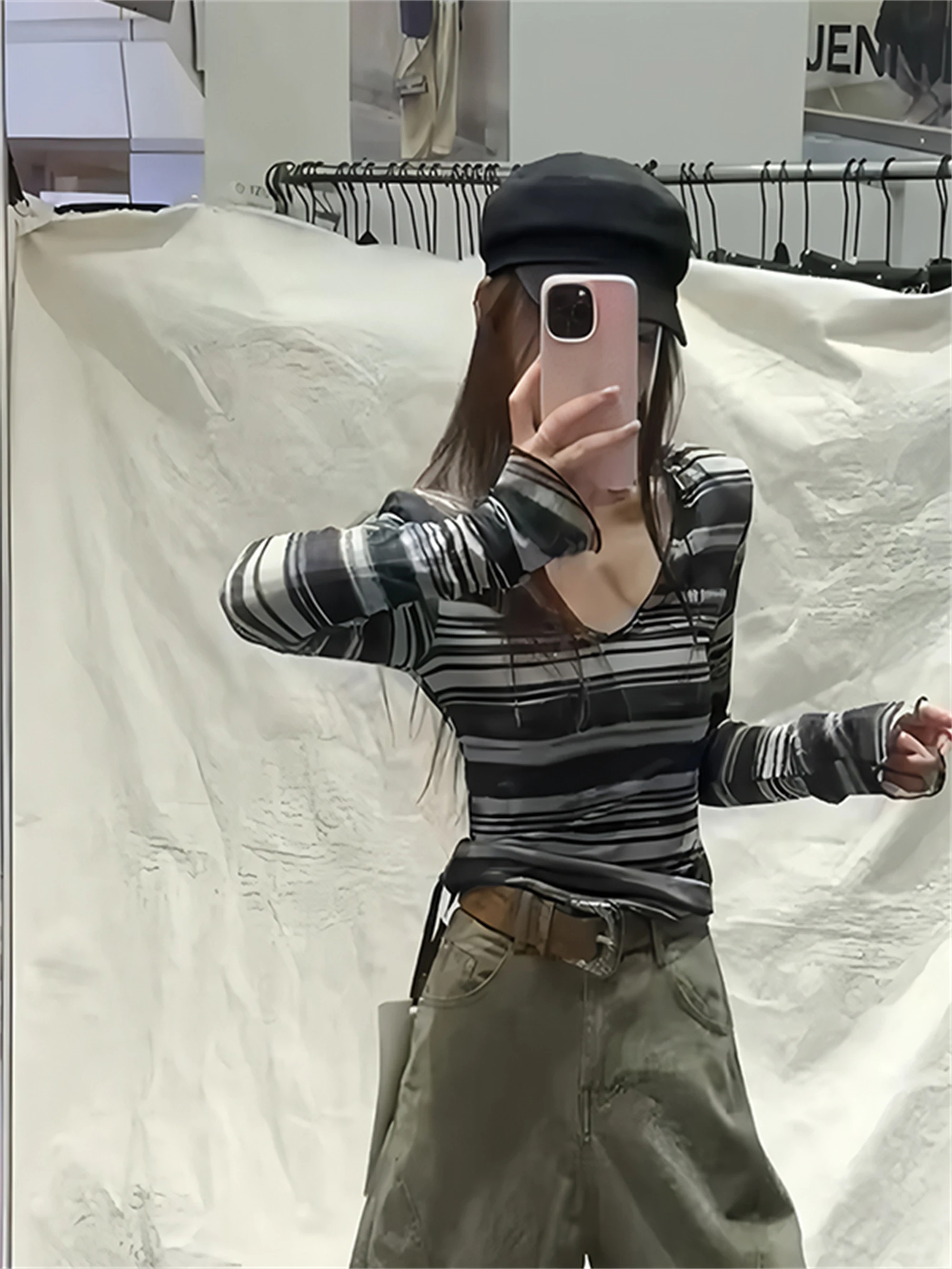 

Облегающая полосатая футболка Long Sve, женская ранняя осень, новый дизайн Sle, чувственный топ Pure Desire для повседневной повседневной носки