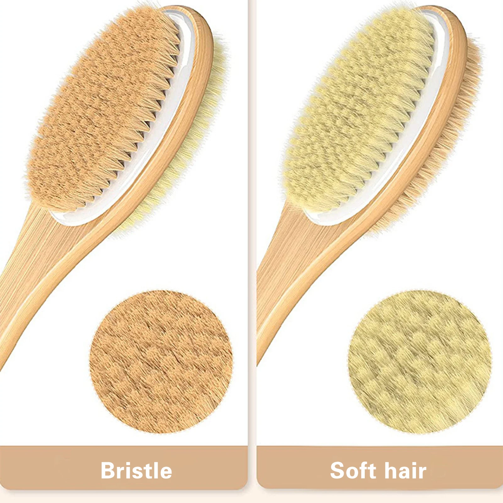 Portable Bath Brush Soft Hard Bristles Double Sided with Wooden Handle Body Exfoliating Scrubber Long Handle Skin Massager