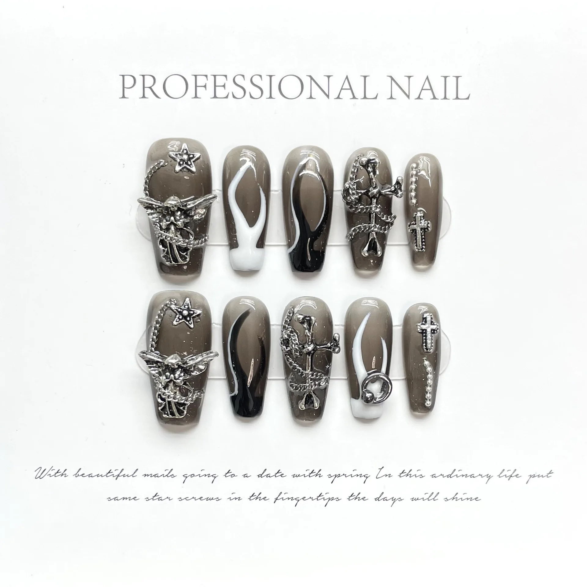 10 PCS Luxury Handmade Press on Nails Middle Trapezoid Flame Design False Nails with 4-PIECE Tool Adhesive Nail Glue Tabs